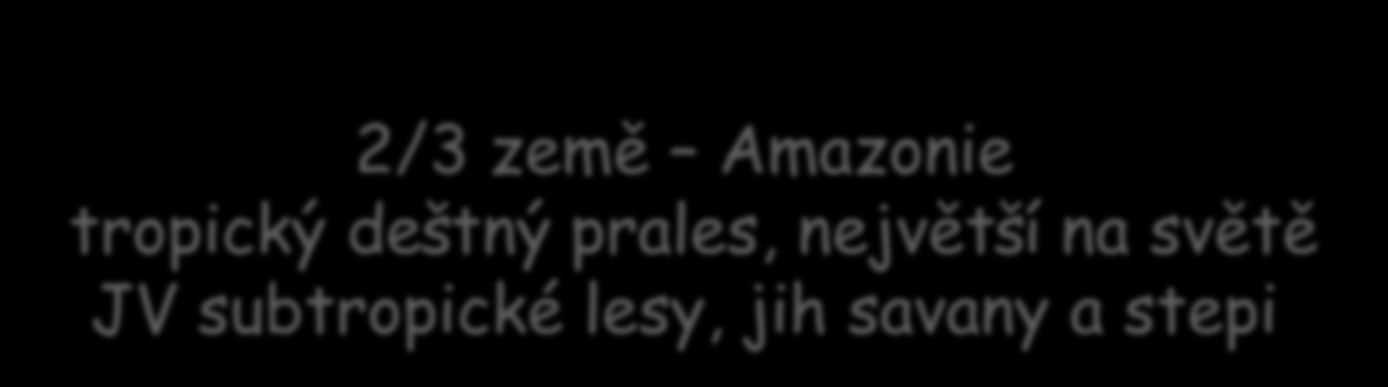 Přírodní poměry Brazílie Povrch: Podnebí: Vodstvo: Vegetace: Amazonská nížina 1/2 rozlohy státu Na severu Guayanská vysočina Jih a JV Brazilská vysočina Většina země klima tropické, vlhké Na jihu