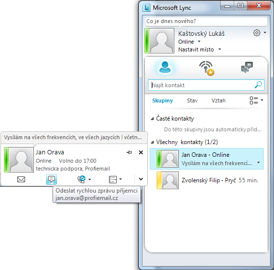 Používání MS Lync - komunikátoru Komunikace se účastní vždy dva a více členů. Jednotlivé funkce lze kombinovat.