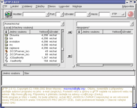 Obrázek 24-1 gftp Igloo IglooFTP je klient založený na GTK+/GLIB a tyto knihovny musí být nainstalovány, pokud chcete tento program využívat.