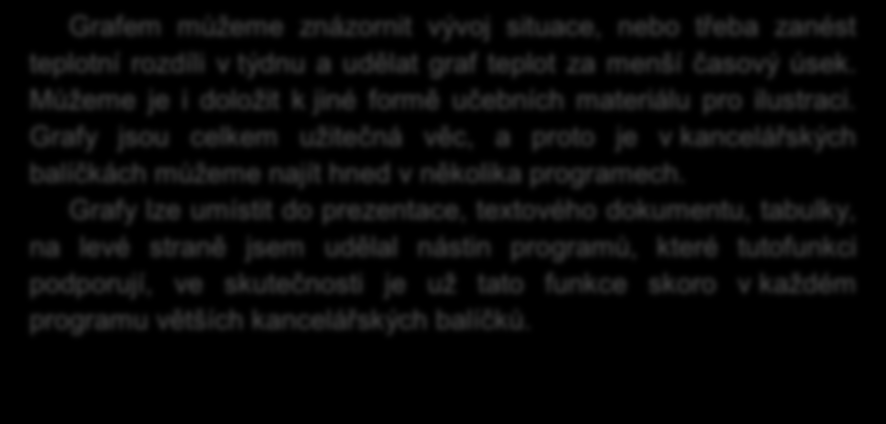 2.4. Tabulka Dva tabulkové procesory, každý s jiným typem licence. Jsou vhodné na složitější součty, podporují mnoho matematických funkcí a kombinací, dají se v obou dělat seznamy a databáze.