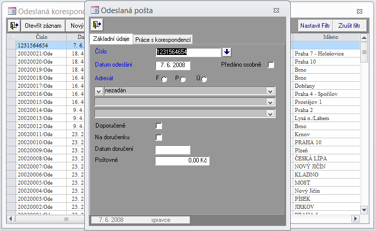 Přijatá a odeslaná korespondence Program umožňuje sledovat veškerou korespondenci.