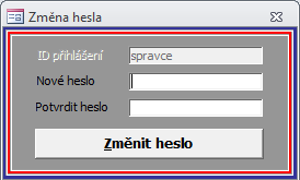 Změna hesla přihlášeného uživatele Z hlavního menu lze volbou Správce programu Změna hesla změnit heslo aktuálně přihlášeného uživatele.