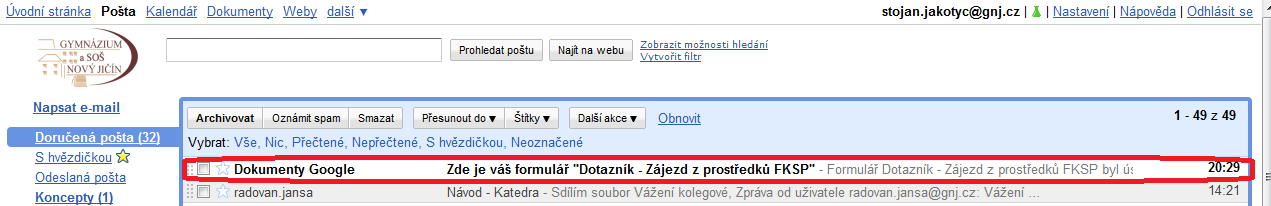 Obrázek 10 - Dotazník v e-mailu Kde zjistím výsledky dotazníku?