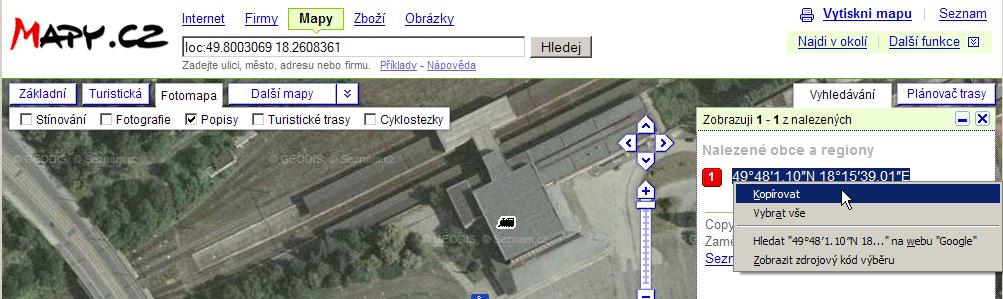 Zadáme je pomocí zeměpisných souřadnic, které si zkopírujeme z předchozí mapy (www.mapy.cz), na kterou se dostaneme klepnutím na odkaz v naší fotogalerii viz obr.