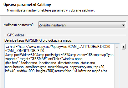 K popisu, který se objeví pod zvětšenými obrázky, přidáme navíc značku {GPSLINK} odkaz na místo na mapě.