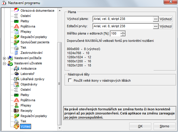 MEDICUS 3 Komfort 2.5 Vzhled 2.5.1 Velikost písma Programu lze nastavit různou velikost výchozího písma a písma editačních prvků. Volbou Konfigurace - Nastavení si zobrazte okno "Nastavení programu".