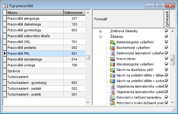 MEDICUS 3 Komfort 2.5.3 Dostupné položky v menu programu Typ pracoviště zobrazuje či schovává funkce v menu programu. Např. v programu je definováno cca 40 žádanek.