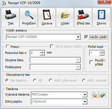 MEDICUS 3 Komfort Jsme zpátky v okně s recepty, kde znovu klikněte na tlačítko [Tisk]. Zobrazí se následující okno: V poli výběr sestavy zvolte možnost Recept VZP-10/2009 a zatržením zvolte výběr.