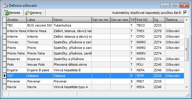 MEDICUS 3 Komfort 4.12 Očkování (Pediatr) Očkování na kartě pacienta slouží k zobrazení historie provedeného očkování, k zadávání nového očkování a ke sledování data příštího očkování. 4.12.1 Definice očkování Konfigurace > Očkování V tomto okně lze mazat, upravovat či přidávat nové očkování.