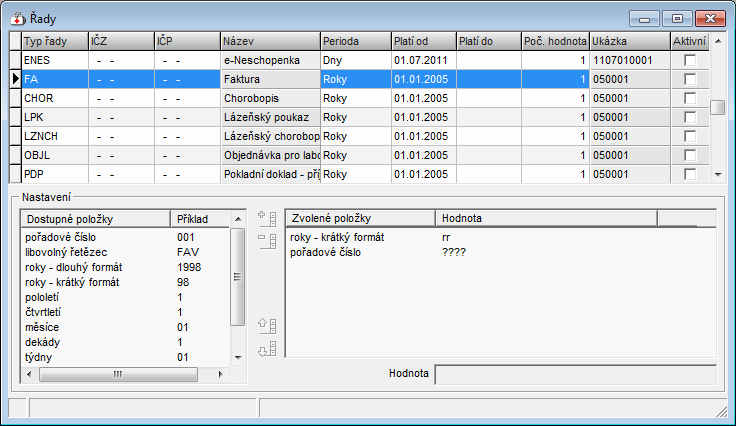 Dávky Editujete typ řady FA (faktura), ve spodní části okna je možné faktuře