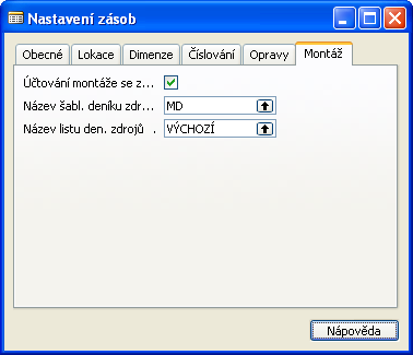 3.2 Nastavení zásob Nastavení účtování zdrojů Formulář je umístěn v menu SKLAD NASTAVENÍ NASTAVENÍ ZÁSOB, záložka Montáž.