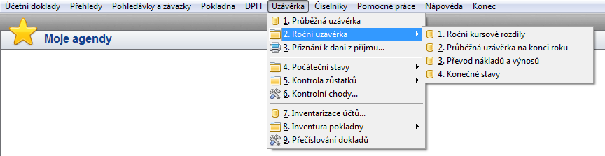 Postup při roční uzávěrce, kdy je v účetnictví používána cizí měna Nabídka v menu Uzávěrka/Roční uzávěrka obsahuje pouze 4 kroky: Prvním krokem je zaúčtování a výpočet Ročních kurzových rozdílů.