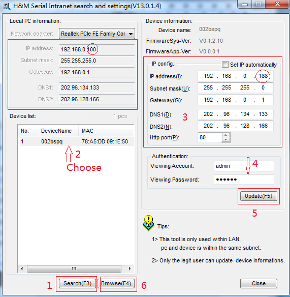 Obrázek 2 1) Klikněte na Search (Ujistěte se, že vám software neblokuje Firewall) 2) Vyberte kameru; 3) Změňte IP adresy kamery podle IP adres, které jsou zobrazeny v levém červeném rámečku obrázku 2.