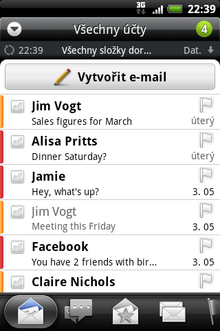132 E-mail Kontrola složky Doručené v aplikaci Pošta Po otevření aplikace Pošta se zobrazí složka Doručené jednoho z vašich e-mailových účtů, které jste si v zařízení HTC Wildfire S nastavili.