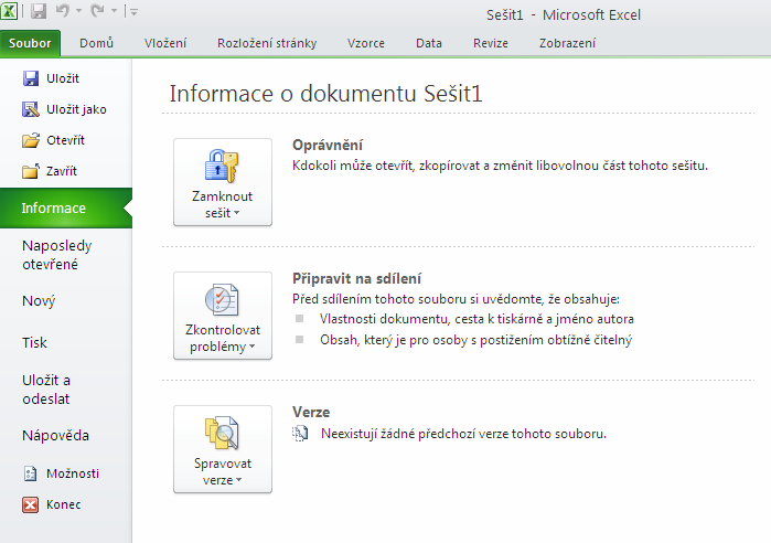 Karta Soubor Karta Soubor je stěžejní karta Microsoft Office Backstage, která se zabývá kompletní správou vytvářeného sešitu, nastavení aplikace Excel 2010 a informací o vytvářeném sešitu.