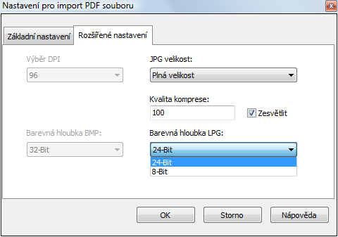 8 Dialog nastavení PDF importu obsahuje 2 záložky - Základní nastavení a Rozšířené nastavení. Kliknutím na tlačítko (...) vyberete PDF soubor pro načtení.