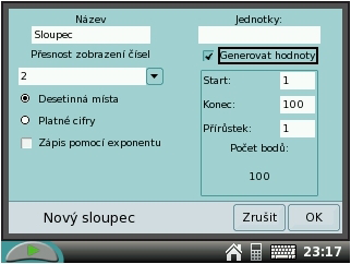 Obrázek 2.14: Okno Parametry datového sloupce Obrázek 2.15: Okno Nový sloupec Přidání nového sloupce: Vyberte Tabulka - Nový sloupec a do nového okna (obr. 2.15) zadejte název sloupce, jednotky, ve kterých budou údaje v tomto sloupci, a počet desetinných míst, na která chcete zaokrouhlovat.