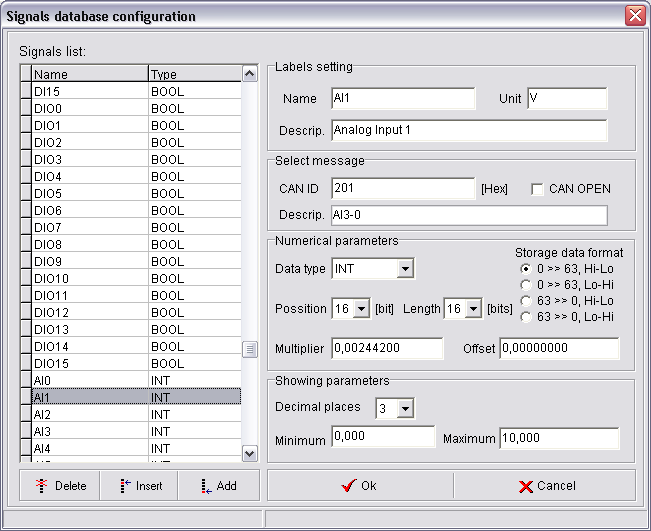 Konfigurace databáze veličin Zobrazení veličin ve skutečném tvaru předchází jejich zadání v okně Signals database configuration.