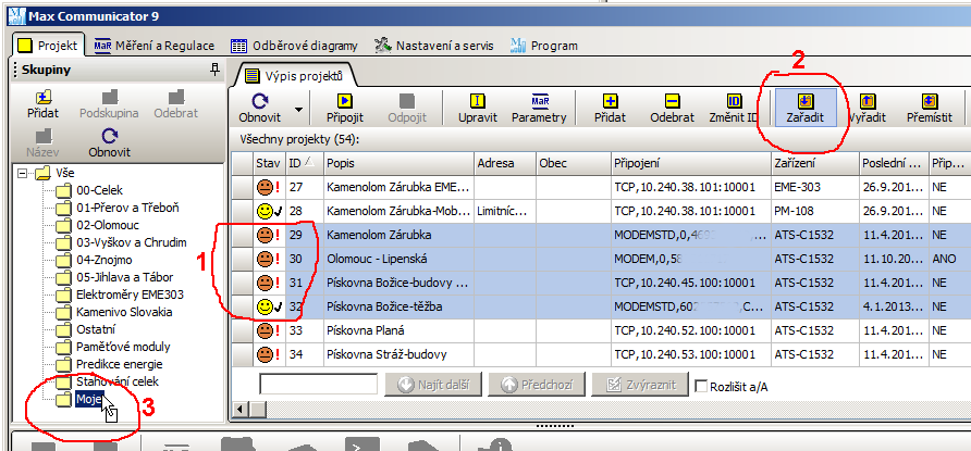 5.7.1 Zařazení projektu do skupiny Postup je následující: 1. Označte projekty, které chcete zařadit do skupiny. 2. Klikněte na tlačítko Zařadit. 3.