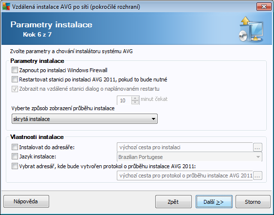 V dialogu Parametry instalace lze vybírat z následujících voleb: Zapnout po instalaci Windows Firewall - Pokud neinstalujete komponentu AVG Firewall, můžete zaškrtnout toto políčko pro automatické