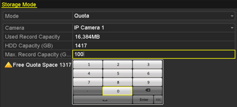 12.4 Konfigurace režimu Kvóta Účel: Každou kameru lze nakonfigurovat s přidělenou kvótou pro ukládání nahraných souborů. 1. Vstupte do rozhraní režimu úložiště.