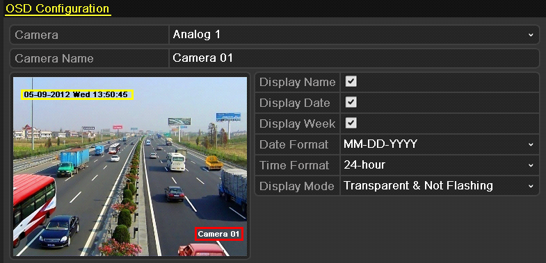 13.1 Konfigurace nastaveníosd Účel: Můžete nakonfigurovat nastavení OSD (On-screen Display) kamery, včetně data/času, názvu kamery atd. 1. Vstupte do rozhraníkonfigurace OSD.