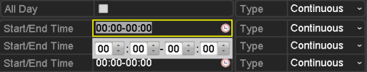 Figure 5. 7 Rozhranírozvrhu nahrávání Můžete kliknout na tlačítko a nastavit přesný čas rozvrhu. II. Pokud chcete naplánovat celodenní nahrávání, zaškrtněte políčko u položky All Day (Celýden).