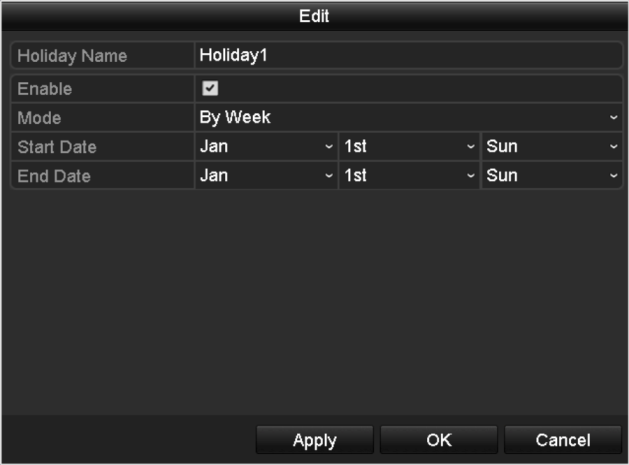 5.7 Konfigurace nahrávánío svátcích Účel: Pomocí následujícího postupu nakonfigurujete rozvrh nahrávání o svátcích v příslušném roce. O svátcích může být zapotřebí odlišný rozvrh nahrávání. 1.