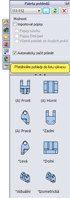 Tvorba výkresu 1. Soubor Vytvořit výkres z dílu Sablony Výkres, zvolte formát Skoleni-A3 a potvrďte. 2. Vyberte Přední pohled a tažením myši ho umístěte do plochy výkresu. 3.