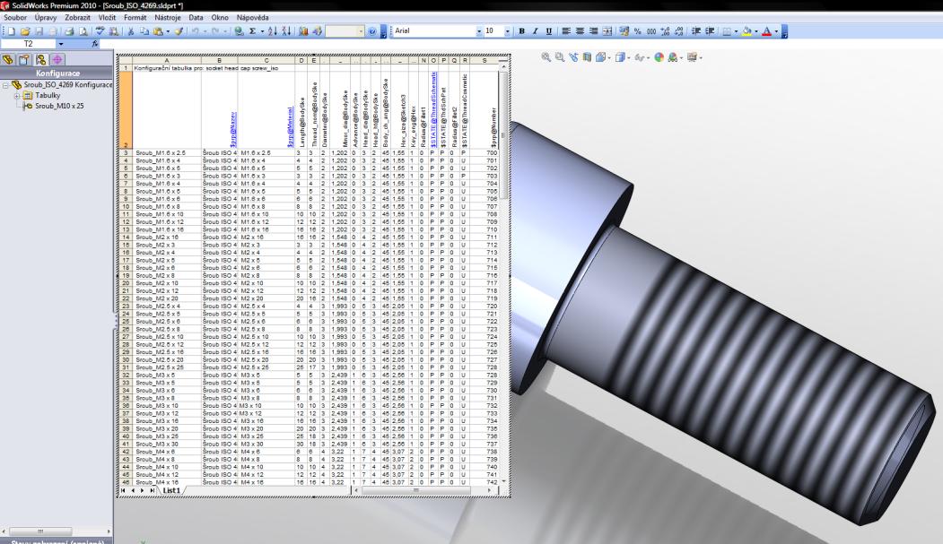 Přidání konfigurační tabulky šroubu 1. V hlavním menu zvolte Vložit Tabulky Konfigurační tabulka. 2.