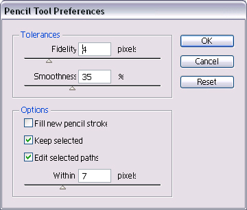 4. Pro nakreslení uzavřené cesty pomocí Tužky, začněte kreslit a stiskněte klávesu Alt. Dialog Pencil Tool Preferences ( by nás je tužka) 1.