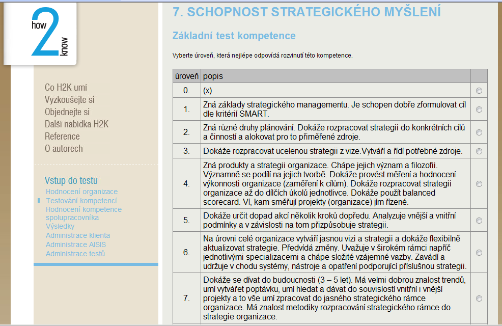 Základní test H2K Úrovně kompetencí: 0 8 (8 úroveň je