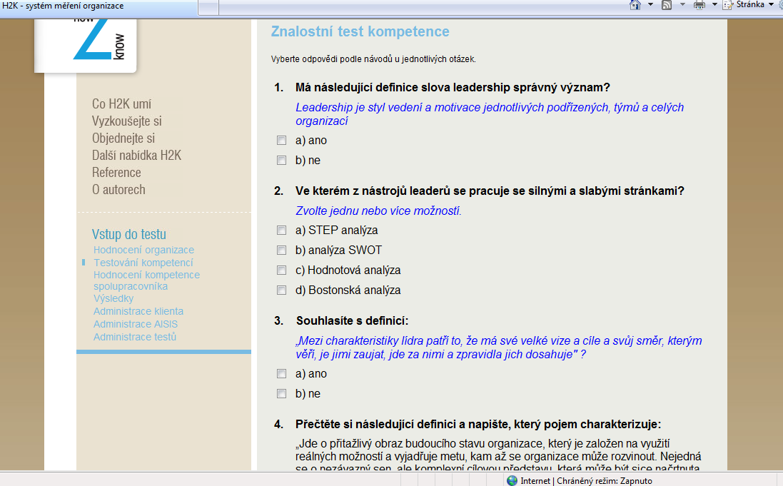 Test znalostí 16 znalostních otázek Pracovník odpovídá na otázky týkající se