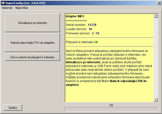 Instalace 17 Zajistěte, aby byl Váš počítač připojen k internetu a stiskněte Aktualizace po internetu.