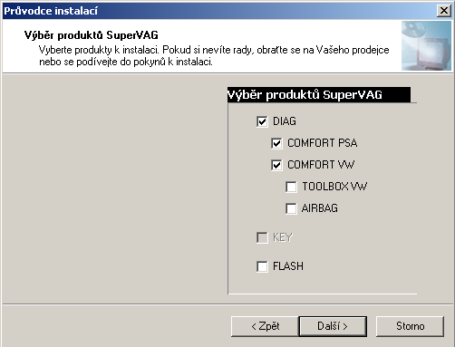 18 3.4 SuperKey 4 Doinstalování dalšího produktu řady SuperVAG Diagnostic Tools Pokud si přejete doinstalovat nově zakoupený program systému SuperVAG Diagnostic Tools, je nutné nainstalovat znovu