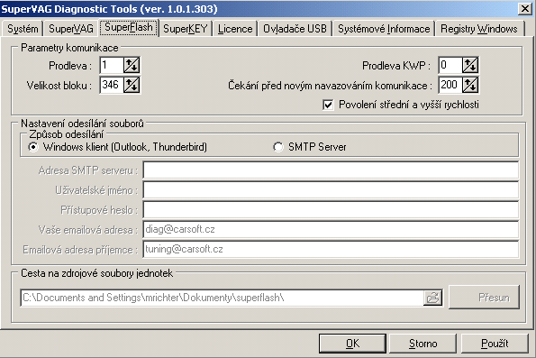 38 4.5 SuperKey 4 Karta FLASH Parametry komunikace Prodleva definuje časování odesílaných dat. Správná hodnota je 1. Velikost bloku definuje množství najednou načítaných dat při čtení řídicí jednotky.