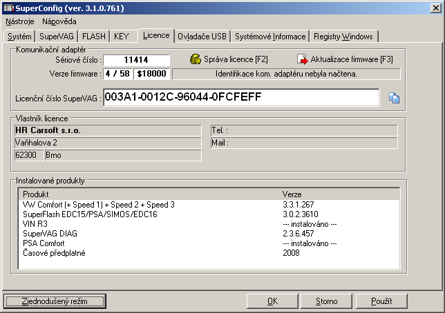 40 4.7 SuperKey 4 Karta Licence Údaje na této kartě jsou uvedeny bez informací o instalovaných produktech a bez informace o verzi firmware v komunikačním adaptéru.