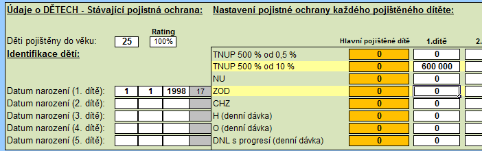 26. Jak vyplnit kalkulačku, pokud chce klient sjednat dítě/děti? Nastavte v horní části kalkulačky u sjednání dětí v rolovátku Ano.