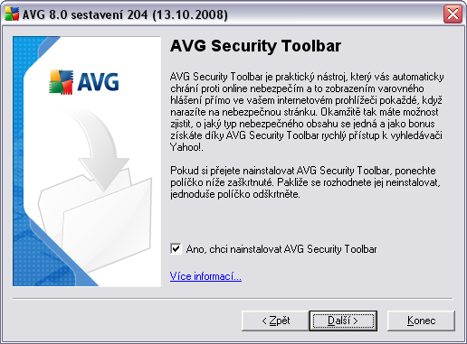5.8. AVG Security Toolbar V dialogu AVG Security Toolbar rozhodněte, zda si v rámci AVG 8.