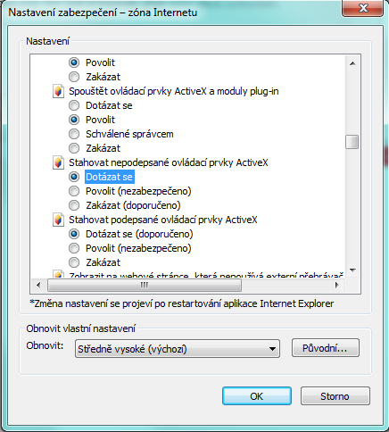 Kliknutím pravého tlačítka myši na řádek s instalací Active X a následným povolením instalace se provede instalace potřebného