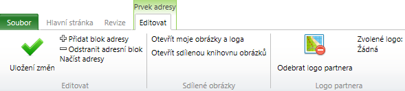 Při editaci adresního pole se možnosti v hlavním panelu rozšíří. Můžete zde přidat další adresní blok, případně jej odstranit. Přidání se provede kliknutím na tlačítku Přidat blok adresy.