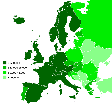 Lucembursko (LU) 65700 Irsko (IE) 34200 Nizozemsko (NL) 30700 Rakousko (AT) 30000 Dánsko (DK) 29600 Belgie (BE) 28200 Spojené království (UK) 27800 Švédsko (SE) 29300 Finsko (FI) 27500 Německo (DE)