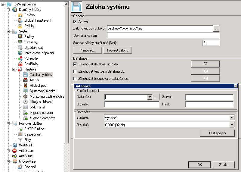 Automatická záloha databáze Umožňuje plánovat pravidelnou zálohu aktuální databáze (Účtů, GroupWare nebo dat Antispamu) do jiného databázového