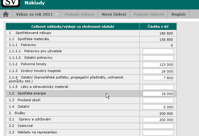 3.9.6 Náklady Stránka Náklady slouží pro zadání nákladů a výdajů na sociální službu. Výkazy Náklady služby Zadejte částky v celých Kč pro jednotlivé nákladové položky.