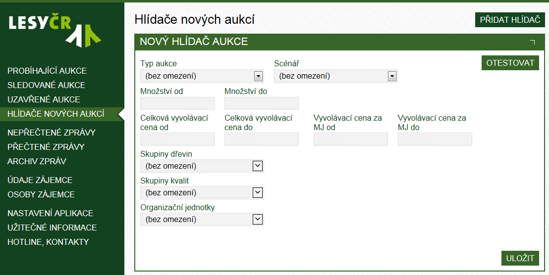 2.5 Hlídače nových aukcí V sekci HLÍDAČE NOVÝCH AUKCÍ si můžete nastavit hlídače, pomocí kterých budete upozorněni na nově zveřejněné elektronické aukce.