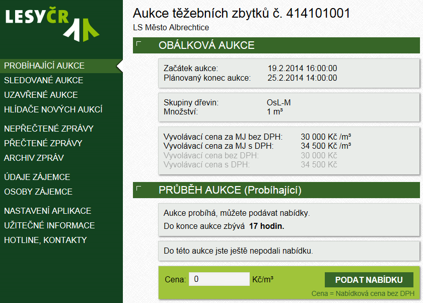 Obrázek 31 Detail probíhající obálkové aukce Pokud chcete nabídku podávat ručně, můžete podat vaši nabídku po zahájení aukce.