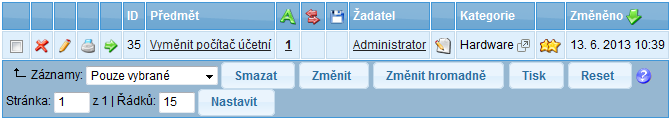 6 HelpDesk 2014 Uživatel aktuálně přihlášený uživatel a jeho právo. Kliknutím na jméno se otevřou informace o uživateli. Pod ikonami jsou povolené jazykové mutace aplikace.