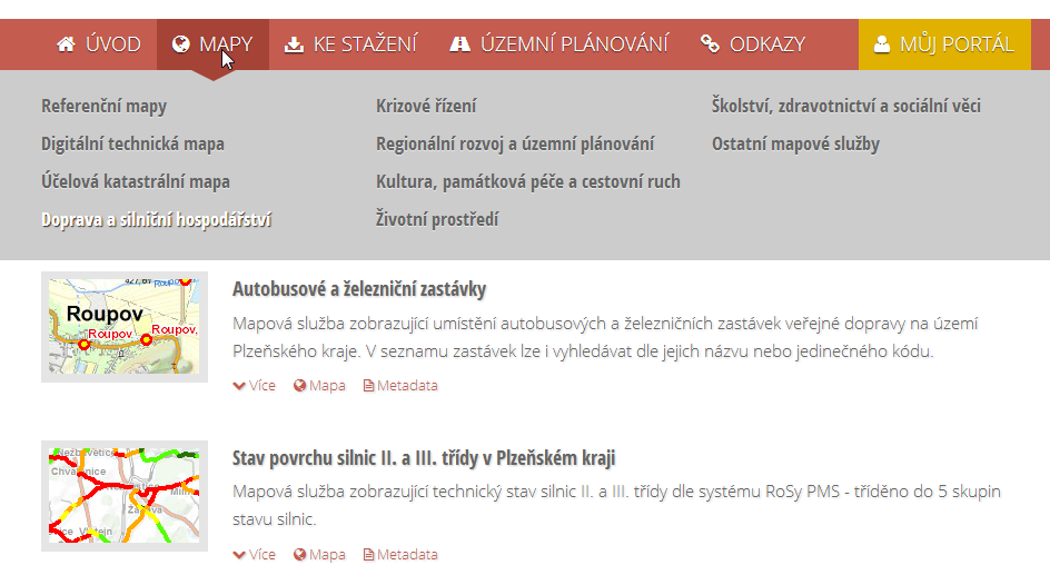 V rámci jednotlivých sekcí jsou využívány tzv. seznamy. Jedná se o seskupení informací o daném výstupu (mapě, aplikaci, dokumentu ke stažení apod.