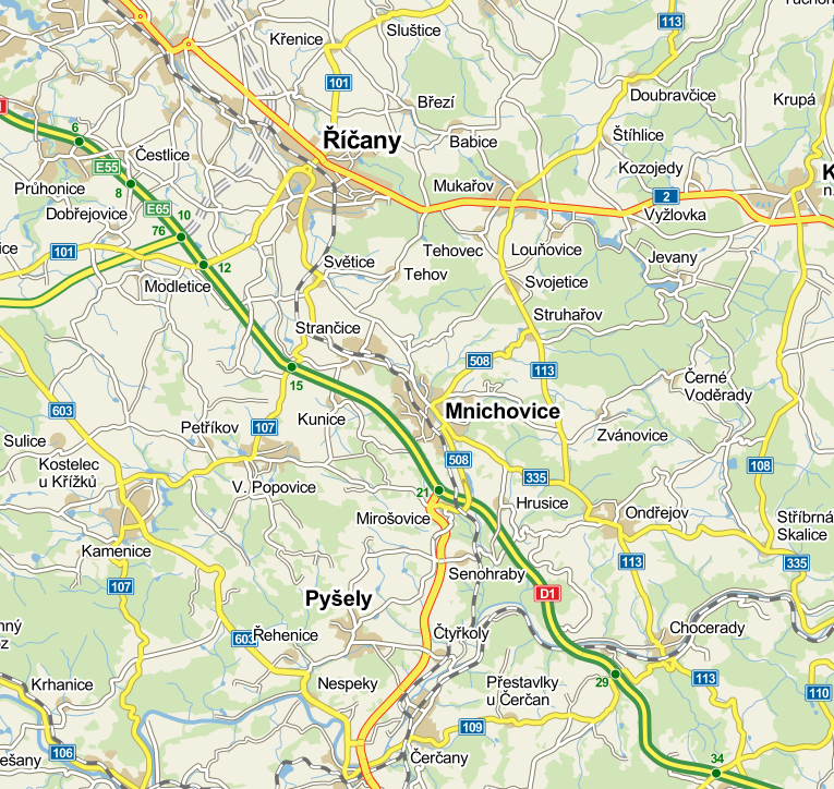 Páteřní železniční trať, dálnici D1, rychlostní komunikace a komunikace I. a II. třídy v území MAS Říčansko Zdroj: www.mapy.