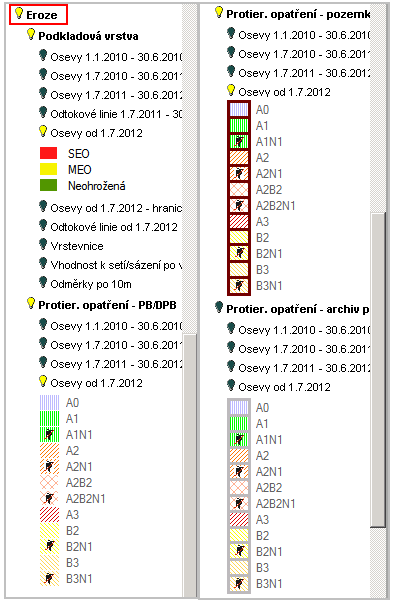 Protierozní opatření na PB/DPB a jednotlivých pozemcích si v mapě si můžete v uživatelském stromě aktivovat pod odkazem Protierozní opatření.